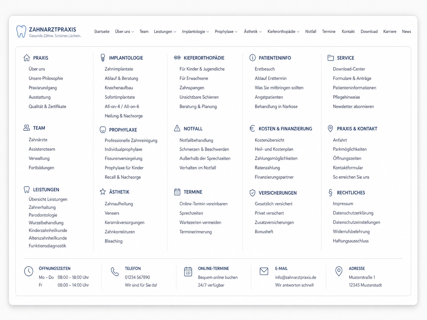 Klassisches Website-Menü mit vielen Navigationspunkten