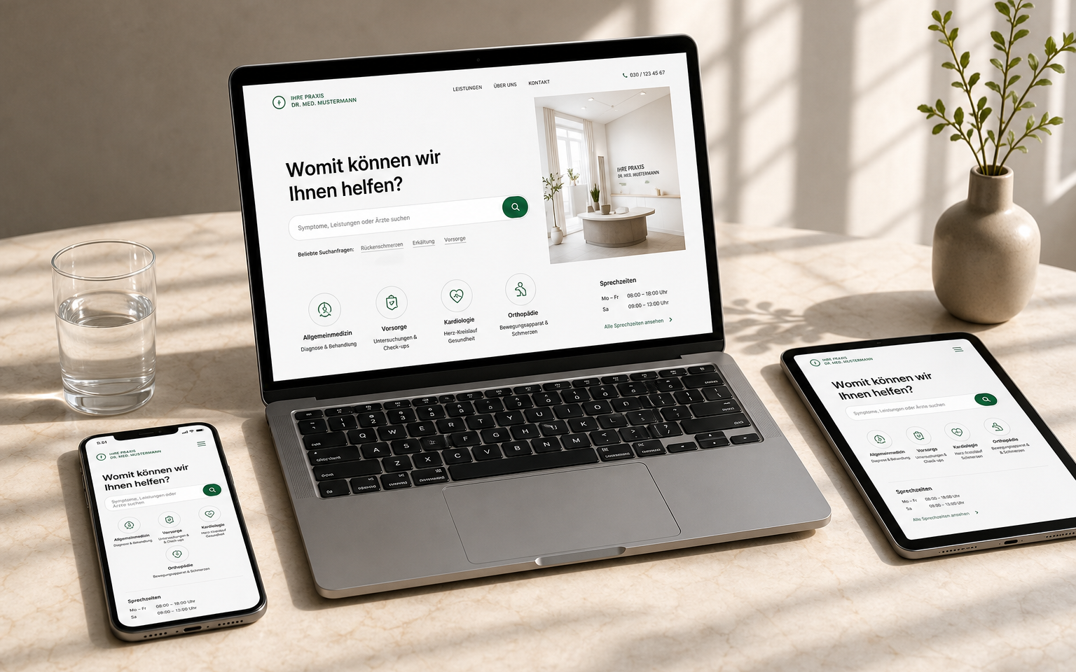 Laptop, Tablet und Smartphone zeigen dieselbe KI-gestützte Praxis-Website