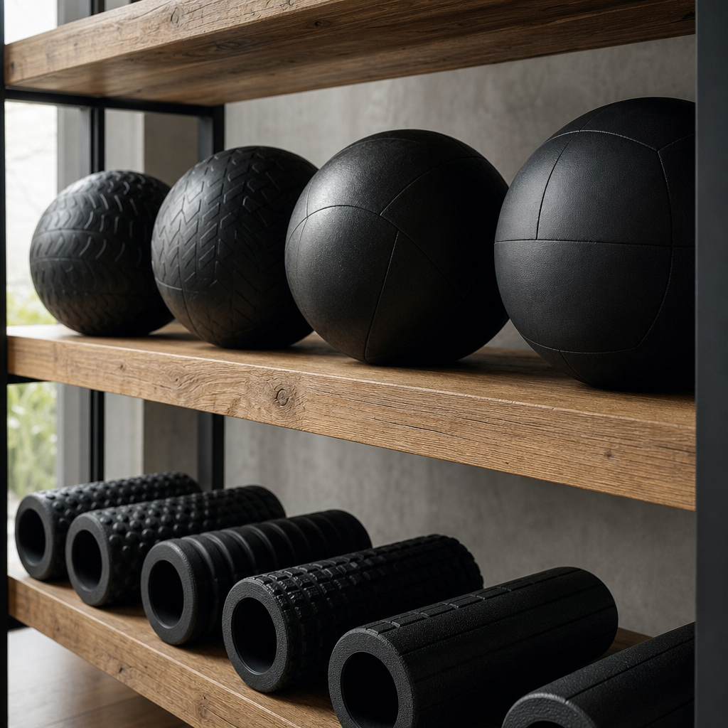 Medicine Balls und Zubehör auf Holzregalen