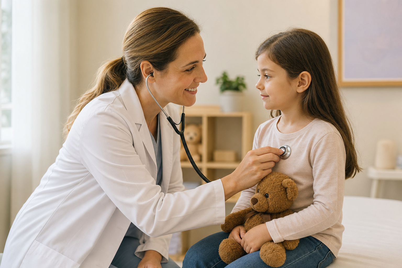 Kinderärztin untersucht ein Kind mit Teddybär