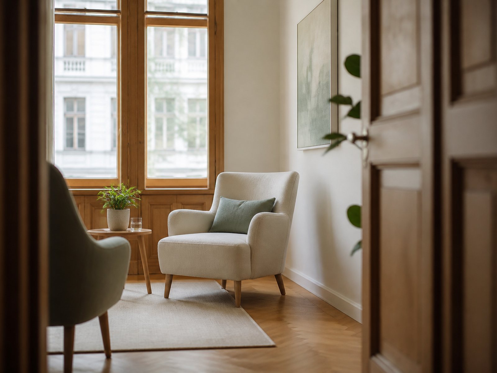 Gemütlicher Therapieraum im Altbau mit Sesseln und warmem Licht